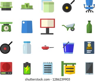 Color flat icon set wheelbarrow flat vector, frying pan, teflon, weighing machine, cutting board, glass jar, bucketful, bench, battery, bottles, signboard, billboard, badge, office chair, sticker