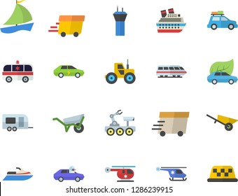 Color flat icon set wheelbarrow flat vector, tractor, eco cars, electric, autopilot, express delivery, sailboat, ambulance, helicopter, lunar rover, train fector, car, trailer, airport tower, taxi