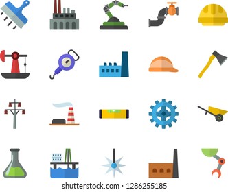 Color flat icon set wheelbarrow flat vector, level meter, hard hat, putty knife, ax, spring balance, oil production platform, pumping, main pipeline, chemistry, factory, power line support, plant