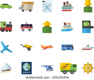 Color flat icon set wheelbarrow flat vector, canister, electric cars, trucking, express delivery, ambulance, helicopter, aircraft fector, train, bus, sailboat, baggage claim, passport, get luggage