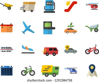 Color flat icon set wheelbarrow flat vector, refueling, accumulator, eco cars, autopilot, trucking, express delivery, helicopter, bicycle, aircraft fector, train, escalator, baggage claim, arrival