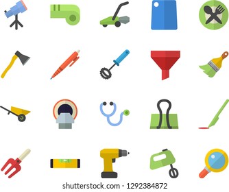 Color flat icon set wheelbarrow flat vector, drill screwdriver, paint brush, level meter, ax, whisk, cutting board, mixer, pitchfork, lawn mower, funnel, stethoscope, tomograph, scalpel, pen