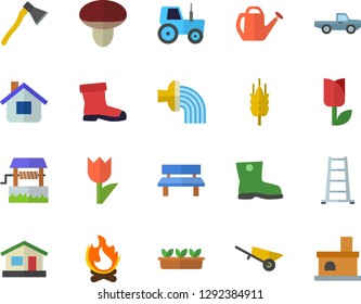 Color flat icon set wheelbarrow flat vector, ax, mushroom, ear, well, pickup truck, tractor, watering can, hose irrigation, ladder, gumboots, tulip, house, seedlings, bonfire, bench, fireplace