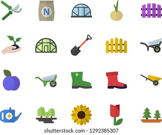 Color flat icon set wheelbarrow flat vector, onion, plum, fertilizer vectory, flower, shovel, fence, secateurs, seedlings, watering can, garden, gumboots, tulip, greenhouse, forest