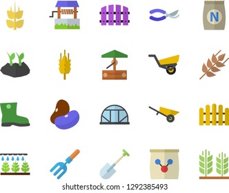 Color flat icon set wheelbarrow flat vector, ear, legumes, fertilizer vectory, well, sprinkling machine, pitchfork, shovel, fence, secateurs, planting plants, garden, gumboots, greenhouse