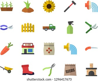 Color flat icon set wheelbarrow flat vector, ax, seeds, pickup truck, carrot, flower, pulverizer, grain warehouse, fence, knife, secateurs, planting plants, hose irrigation, gumboots, seedlings