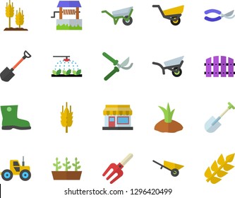 Color flat icon set wheelbarrow flat vector, ear, well, grain warehouse, tractor, sprinkling machine, pitchfork, shovel, fence, secateurs, planting plants, garden, gumboots, seedlings