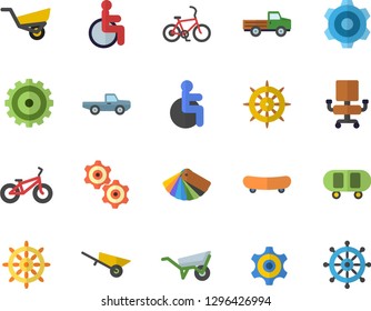 Color flat icon set wheelbarrow flat vector, cogwheel, color scheme, pickup truck, garden, disabled, office chair, skateboard, bicycle, fector, steering wheel