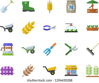 Color flat icon set wheelbarrow flat vector, ear, fertilizer vectory, well, grain warehouse, sprinkling machine, pitchfork, shovel, fence, secateurs, rake, garden, gumboots, seedlings