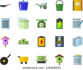 Color flat icon set wheelbarrow flat vector, frying pan, teflon, weighing machine, nesting box, bucketful, bench, battery, grocery trolley, badge, sticker, notepad, notebook, pedestal, trash can
