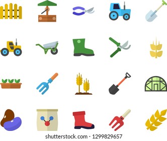 Color flat icon set wheelbarrow flat vector, legumes, ear, well, tractor, pitchfork, shovel, fence, secateurs, gumboots, seedlings, greenhouse, fertilizer vectory