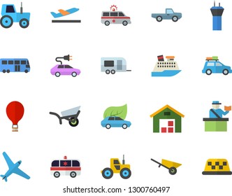 Color flat icon set wheelbarrow flat vector, pickup truck, tractor, garden, eco cars, electric, warehouse, ambulance, aircraft fector, car, trailer, bus, airport tower, balloon, passport control