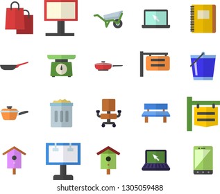 Color flat icon set wheelbarrow flat vector, frying pan, saute, weighing machine, nesting box, bucketful, bench, signboard, billboard, bags, office chair, laptop, notebook, trash can, mobile