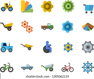 Color flat icon set wheelbarrow flat vector, cogwheel, color scheme, pickup truck, tractor, garden, grocery trolley, disabled, bicycle, fector, steering wheel
