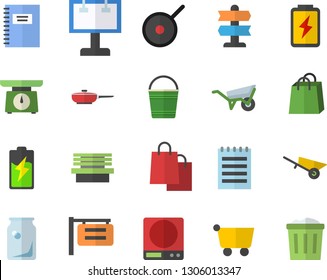 Color flat icon set wheelbarrow flat vector, frying pan, teflon, weighing machine, bucketful, bench, battery, glass bottles, grocery trolley, signboard, billboard, bags, notepad, notebook, trash can