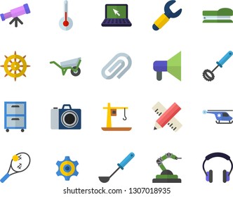 Color flat icon set wheelbarrow flat vector, measure, ladle, whisk, temperature, crane, robotics, wrench, cogwheel, helicopter, clip, archive, laptop, stapler, telescope, camera fector, tennis