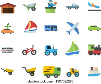 Color flat icon set wheelbarrow flat vector, pickup truck, tractor, garden, eco cars, electric, warehouse, trucking, sailboat, bicycle, train fector, bus, passport control, aircraft, arrival