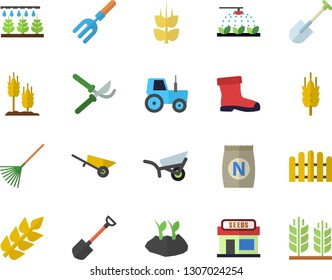 Color flat icon set wheelbarrow flat vector, ear, fertilizer vectory, grain warehouse, tractor, sprinkling machine, pitchfork, shovel, fence, secateurs, rake, planting plants, garden, gumboots