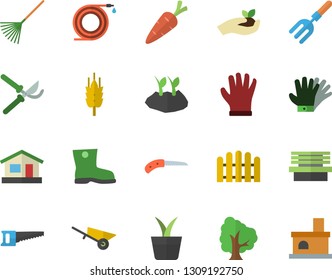 Color flat icon set wheelbarrow flat vector, ear, home plant, carrot, tree, pitchfork, hose, fence, saw, knife, secateurs, seedlings, rake, planting plants, gumboots, house, gloves, bench, fireplace