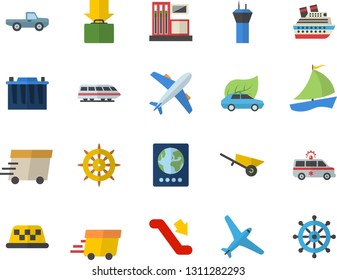 Color flat icon set wheelbarrow flat vector, pickup truck, gas station, accumulator, eco cars, express delivery, sailboat, ambulance, aircraft fector, train, escalator, airport tower, passport, taxi