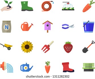 Color flat icon set wheelbarrow flat vector, carrot, Strawberry, fertilizer vectory, nesting box, flower, sprinkling machine, pitchfork, shovel, hose, secateurs, seedlings, watering can, bucketful