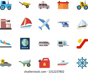 Color flat icon set wheelbarrow flat vector, tractor, gas station, accumulator, canister, autopilot, sailboat, ambulance, helicopter, train fector, trailer, escalator, passport, aircraft, arrival