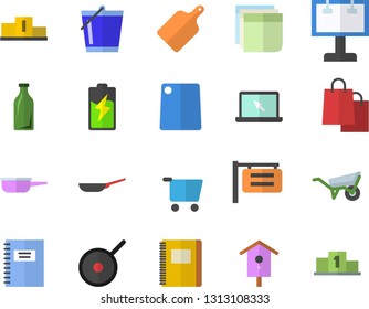 Color flat icon set wheelbarrow flat vector, frying pan, saute, teflon, cutting board, nesting box, bucketful, battery, glass bottles, grocery trolley, signboard, billboard, bags, sticker, laptop