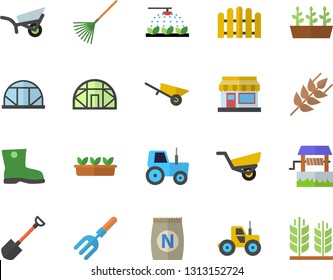 Color flat icon set wheelbarrow flat vector, ear, fertilizer vectory, well, grain warehouse, tractor, sprinkling machine, pitchfork, shovel, fence, rake, garden, gumboots, seedlings, greenhouse