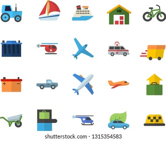 Color flat icon set wheelbarrow flat vector, pickup truck, tractor, accumulator, eco cars, express delivery, sailboat, warehouse, ambulance, helicopter, bicycle, aircraft fector, baggage claim, taxi