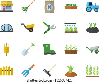 Color flat icon set wheelbarrow flat vector, ear, fertilizer vectory, grain warehouse, tractor, sprinkling machine, pitchfork, shovel, fence, secateurs, rake, planting plants, garden, gumboots