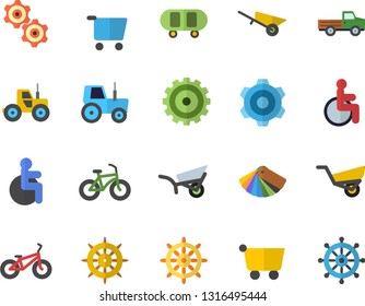 Color flat icon set wheelbarrow flat vector, cogwheel, color scheme, pickup truck, tractor, garden, grocery trolley, disabled, skateboard, bicycle, steering wheel fector