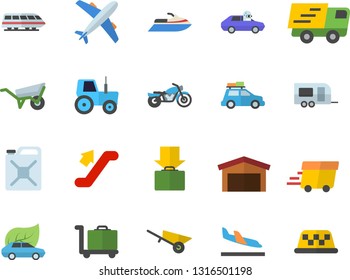 Color flat icon set wheelbarrow flat vector, tractor, canister, eco cars, autopilot, warehouse, trucking, express delivery, train fector, car, trailer, escalator, motorcycle, aircraft, arrival, taxi