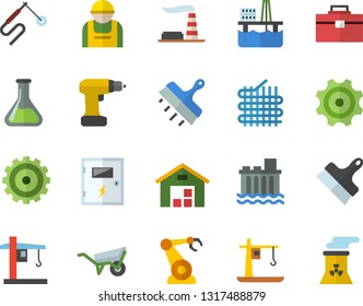 Color flat icon set wheelbarrow flat vector, drill screwdriver, tool bag, switch box, putty knife, oil production platform, chemistry, factory, hydroelectric power station, cogwheel, crane, welding