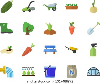 Color flat icon set wheelbarrow flat vector, carrot, onion, cucumber, fertilizer vectory, tree, pulverizer, sprinkling machine, shovel, seedlings, bucketful, planting plants, hose irrigation, bench