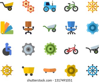 Color flat icon set wheelbarrow flat vector, cogwheel, color scheme, tractor, garden, grocery trolley, disabled, office chair, skateboard, bicycle, steering wheel fector