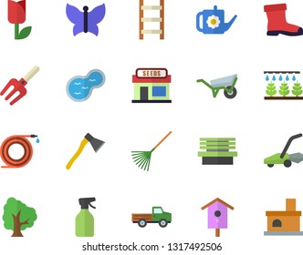 Color flat icon set wheelbarrow flat vector, ax, nesting box, pickup truck, tree, pulverizer, grain warehouse, sprinkling machine, pitchfork, hose, rake, watering can, ladder, gumboots, tulip, bench