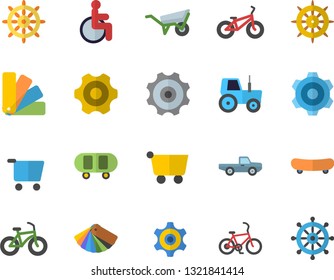 Color flat icon set wheelbarrow flat vector, cogwheel, color scheme, pickup truck, tractor, grocery trolley, disabled, skateboard, bicycle, fector, steering wheel