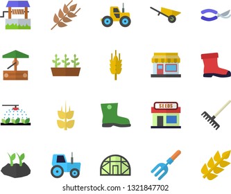 Color flat icon set wheelbarrow flat vector, ear, well, grain warehouse, tractor, sprinkling machine, pitchfork, secateurs, rake, planting plants, gumboots, seedlings, greenhouse