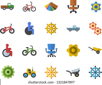 Color flat icon set wheelbarrow flat vector, cogwheel, color scheme, pickup truck, tractor, garden, disabled, office chair, bicycle, fector, steering wheel