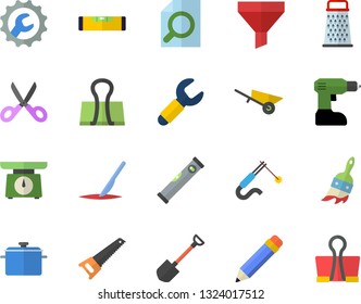 Color flat icon set wheelbarrow flat vector, drill screwdriver, saw, level meter, repair, saucepan, weighing machine, scissors, grater, shovel, paint brush, welding, wrench, funnel, scalpel, pencil