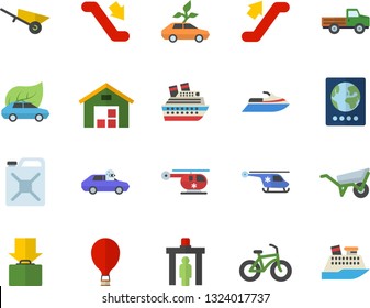 Color flat icon set wheelbarrow flat vector, pickup truck, canister, eco cars, autopilot, warehouse, helicopter, bicycle, escalator fector, balloon, control gate, passport, get luggage, cruise ship