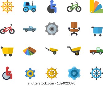 Color flat icon set wheelbarrow flat vector, cogwheel, color scheme, pickup truck, tractor, garden, grocery trolley, disabled, office chair, bicycle, steering wheel fector