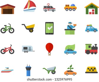 Color flat icon set wheelbarrow flat vector, garden, eco cars, warehouse, sailboat, ambulance, lunar rover, bicycle, train fector, car, trailer, airport tower, balloon, passport control, check in