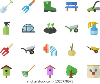 Color flat icon set wheelbarrow flat vector, onion, nesting box, tree, pulverizer, pitchfork, shovel, rake, planting plants, hose irrigation, garden, gumboots, lawn mower, bench, greenhouse