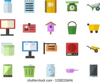 Color flat icon set wheelbarrow flat vector, saute, weighing machine, glass jar, nesting box, bucketful, bottles, grocery trolley, signboard, billboard, badge, sticker, notepad, notebook, trash can