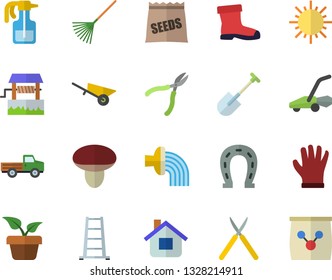 Color flat icon set wheelbarrow flat vector, mushroom, seeds, well, home plant, pickup truck, pulverizer, horseshoe, shovel, rake, hose irrigation, ladder, gumboots, house, sun, gloves, lawn mower