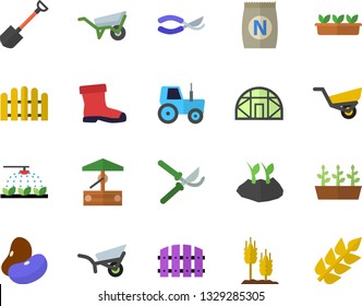 Color flat icon set wheelbarrow flat vector, legumes, ear, fertilizer vectory, well, tractor, sprinkling machine, shovel, fence, secateurs, planting plants, garden, gumboots, seedlings, greenhouse