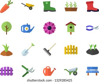 Color flat icon set wheelbarrow flat vector, nesting box, carrot, tree, flower, shovel, fence, secateurs, rake, watering can, planting plants, gumboots, seedlings, bench