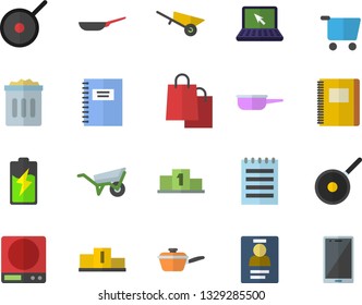Color flat icon set wheelbarrow flat vector, frying pan, saute, teflon, weighing machine, battery, grocery trolley, bags, badge, laptop, notepad, notebook, pedestal, trash can, mobile