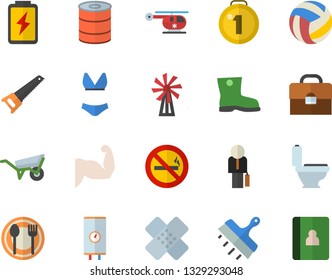 Color flat icon set wheelbarrow flat vector, saw, toilet, putty knife, boiler, table setting, canned food, windmill, gumboots, battery, patch, helicopter, briefcase, businessman, medal, volleyball